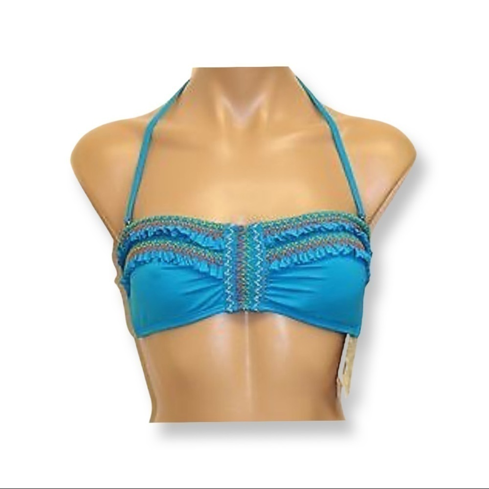 Lucky Brand Size Medium Teal Ruffle Multi Color Stitch Padded Bikini Top. New